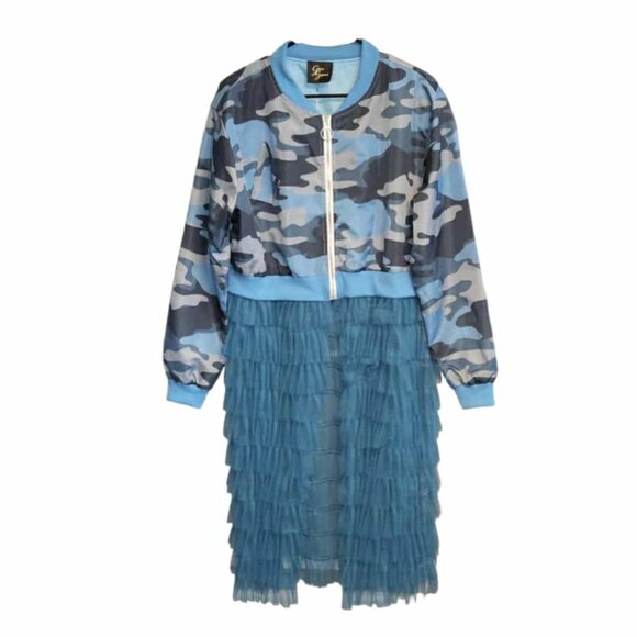 Blue Camo Lace Tulle Bottom Bomber Jacket Size XXL - Picture 1 of 15